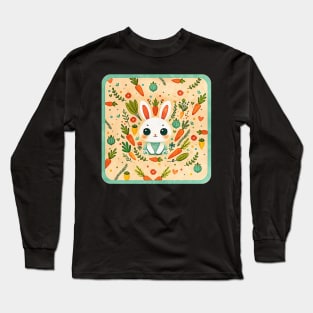 cute rabbit surrounded by flowers, plants and carrots, Scandinavian style Long Sleeve T-Shirt